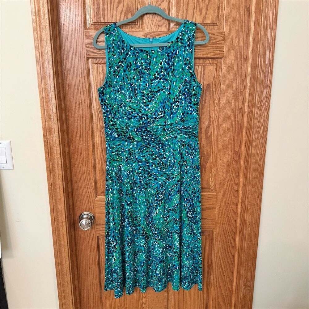Jessica Howard Dress Womens Size 14 Blue Green Abstract Sleeveless Midi